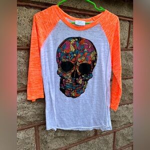 Fluorescent orange colorful skull 3/4 sleeve baseball shirt large L&B Life